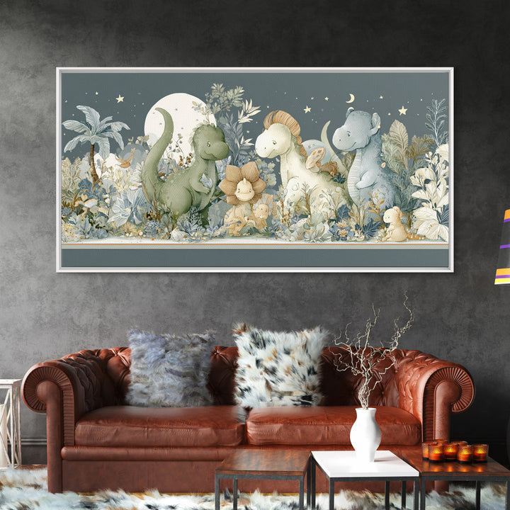 Gentle Dinosaur Family Framed Canvas Print, Nursery Decor, Boho Decor, Oil Painting, Nursery, Nursery Wall Art, Framed Wall Art, NDE-2x1-27