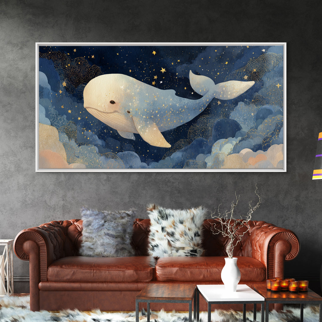 Baby Whale Swimming Through Stars Framed Canvas Print, Nursery Decor, Contemporary Art, Fine Art, Nursery, Wall Decals, NDE-2x1-28
