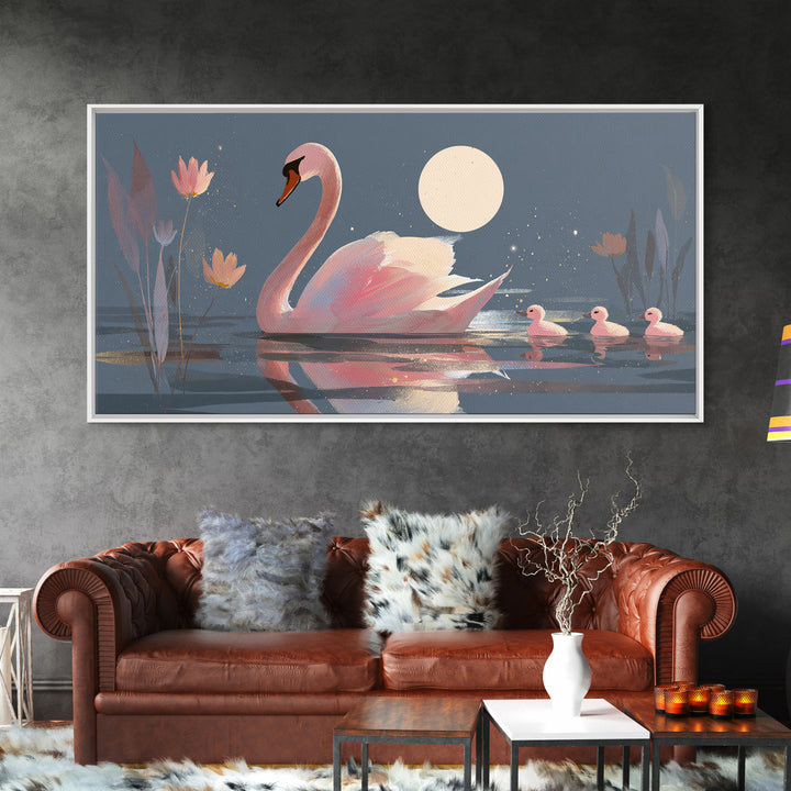 Pink Swan on Calm Pond Framed Canvas Print, Nursery Decor, Printable Wall Art, Nursery, Nursery Prints, Playroom Decor, NDE-2x1-33