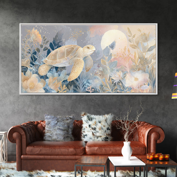 Tiny Turtle with Sea Plants Canvas Print, Nursery Decor, Nursery Wall Art, Oil Painting, Nursery, Botanical Wall Art, NDE-2x1-39