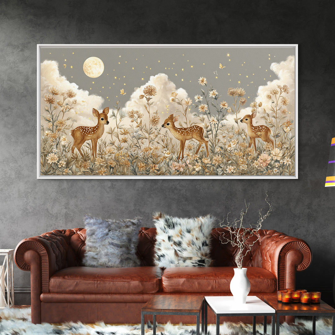 Baby Deer in Meadow with Fireflies Framed Canvas Print, Nursery Decor, Room Decor, Fine Art, Nursery, Framed Wall Art, NDE-2x1-42