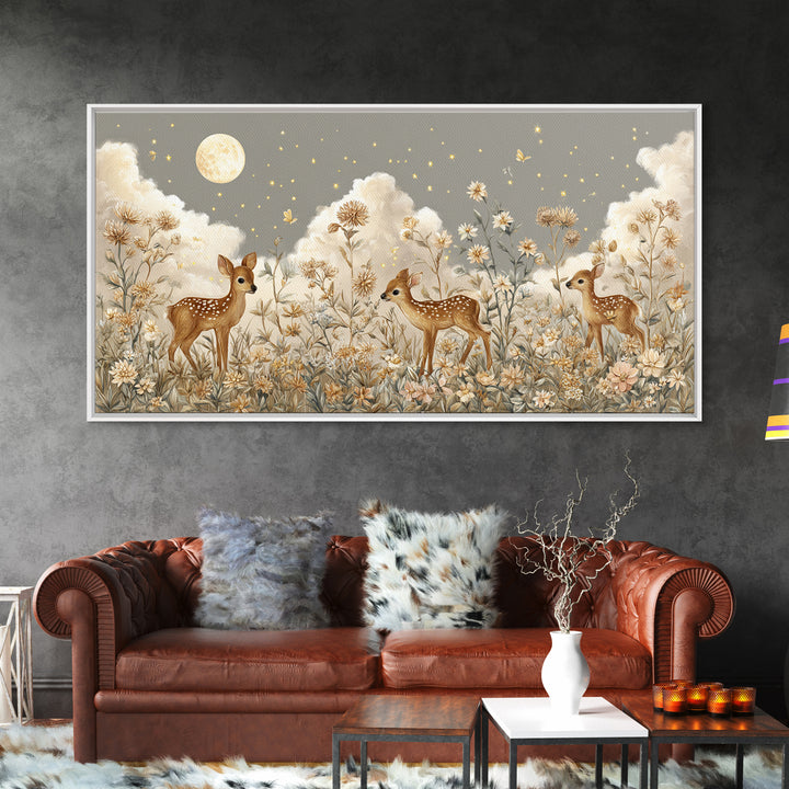Baby Deer in Meadow with Fireflies Framed Canvas Print, Nursery Decor, Room Decor, Fine Art, Nursery, Framed Wall Art, NDE-2x1-42
