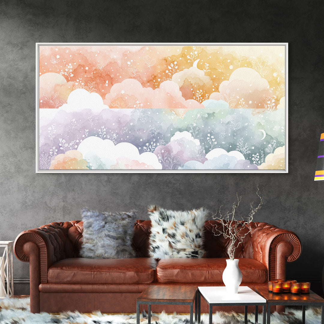 Pastel Rainbow with Soft Cloud Shapes Framed Canvas Print, Nursery Decor, Nursery Wall Decor, Nursery, Nursery Name Sign, NDE-2x1-45