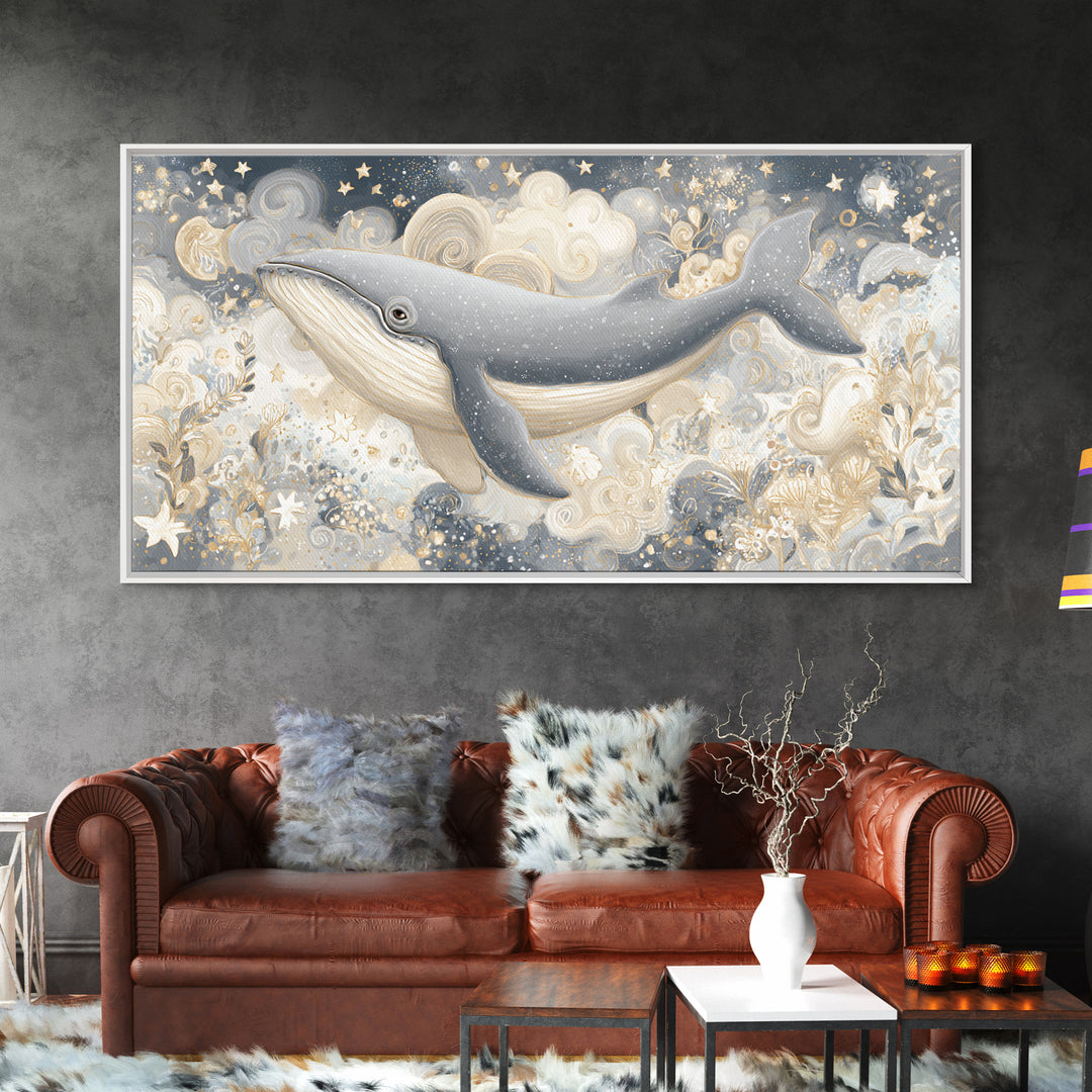 Baby Whale Swimming Through Stars Canvas Print, Nursery Decor, Canvas, Fine Art, Nursery, Playroom Decor, Floral Wall Art, NDE-2x1-52