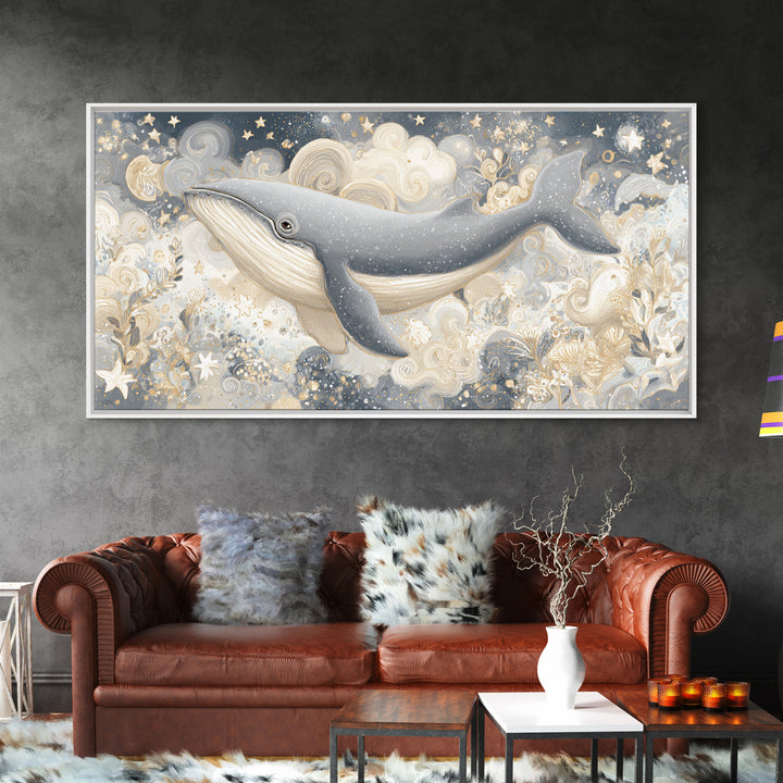 Baby Whale Swimming Through Stars Canvas Print, Nursery Decor, Canvas, Fine Art, Nursery, Playroom Decor, Floral Wall Art, NDE-2x1-52
