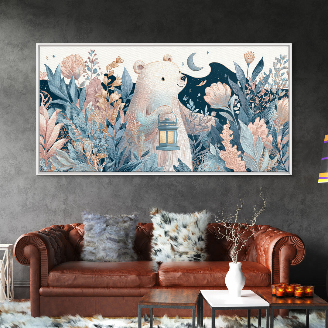 Storybook Bear with Little Lantern Canvas Print, Nursery Decor, Wall, Oil Painting, Nursery, Nursery Wall Decals, NDE-2x1-53