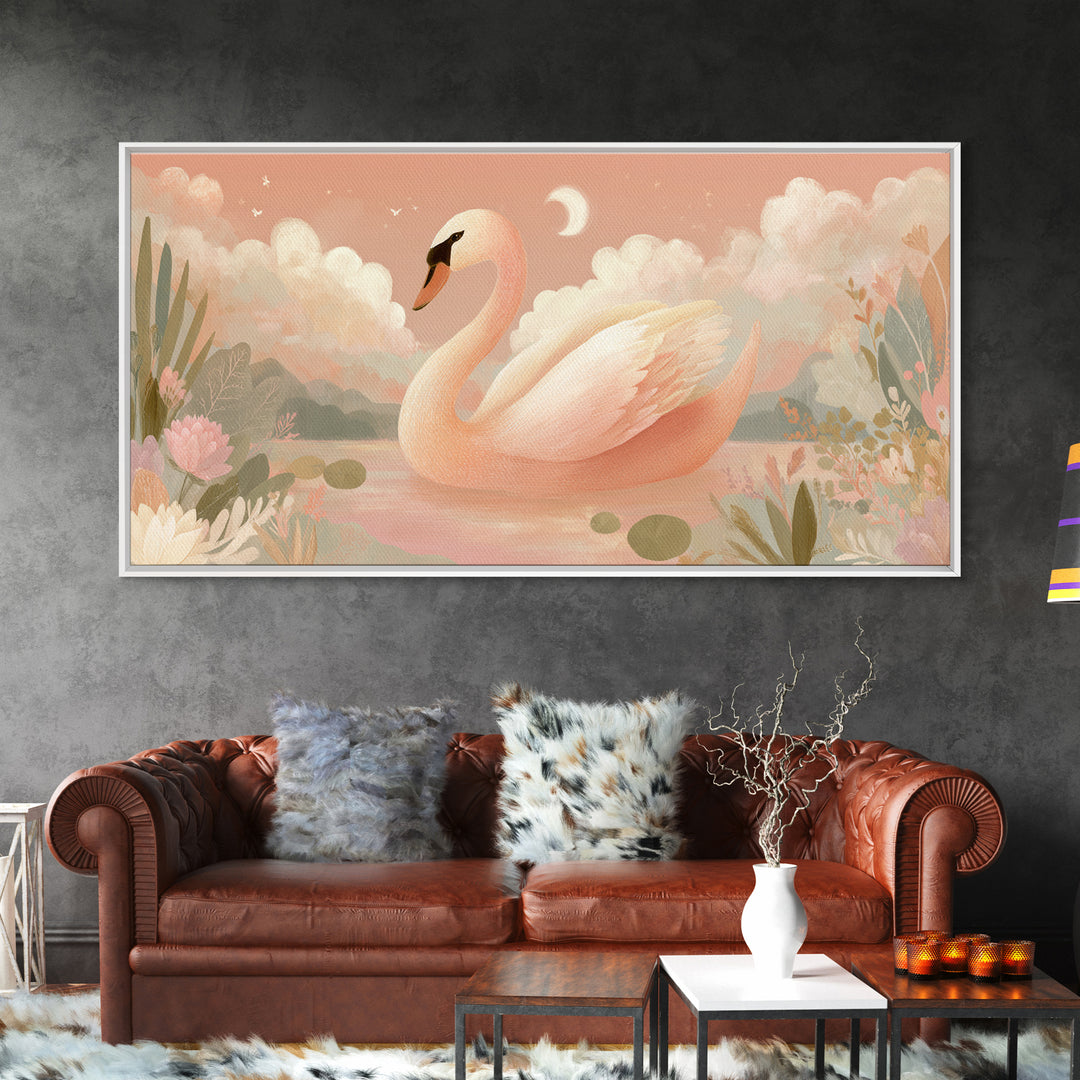 Pink Swan on Calm Pond Canvas Print, Nursery Decor, Wall Decal, Fine Art, Nursery, Wall Light, Baby Girl Nursery Decor, NDE-2x1-57