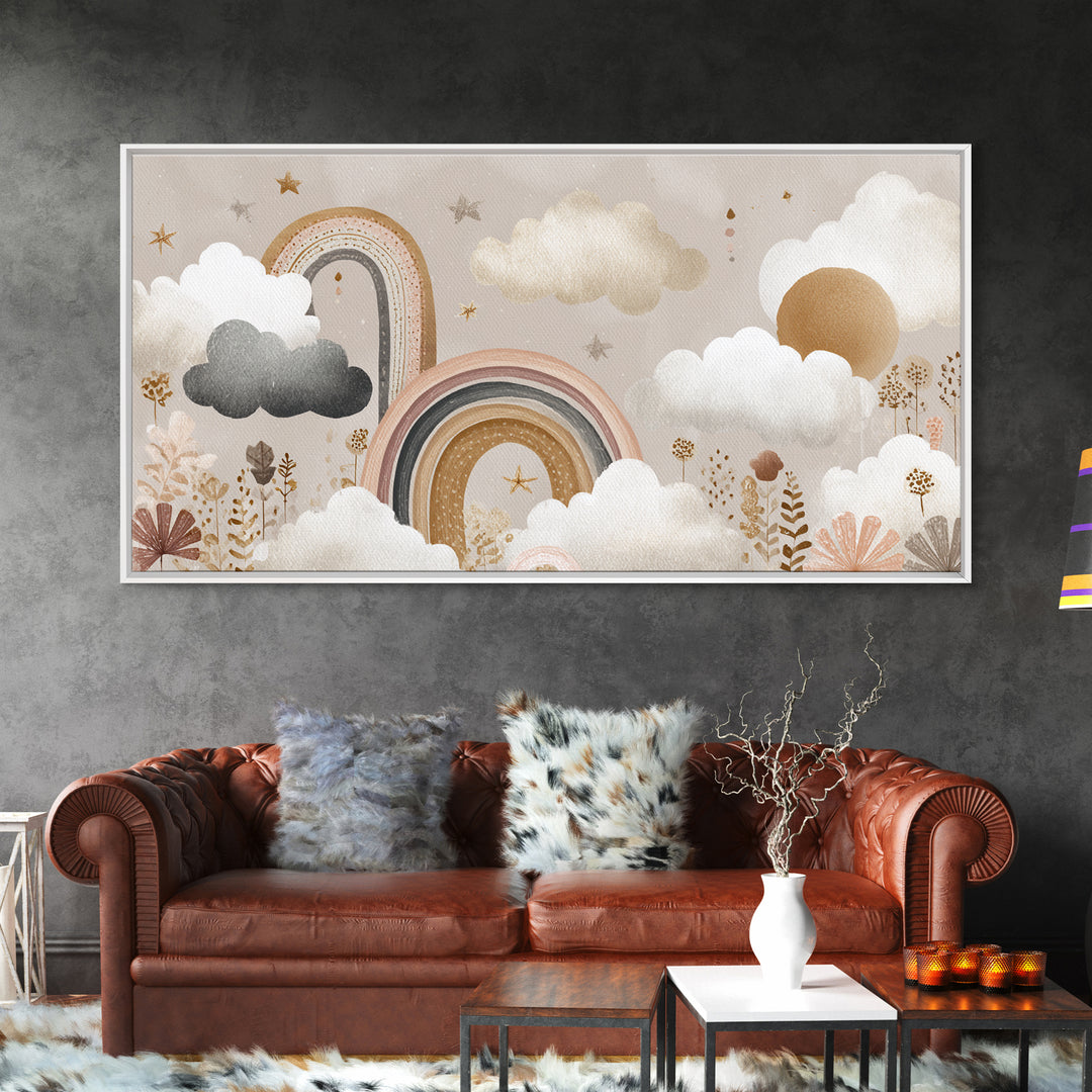 Cloud Rainbow and Raindrop Composition Canvas Print, Nursery Decor, Framed Wall Art, Fine Art, Nursery, Safari Nursery Decor, NDE-2x1-64