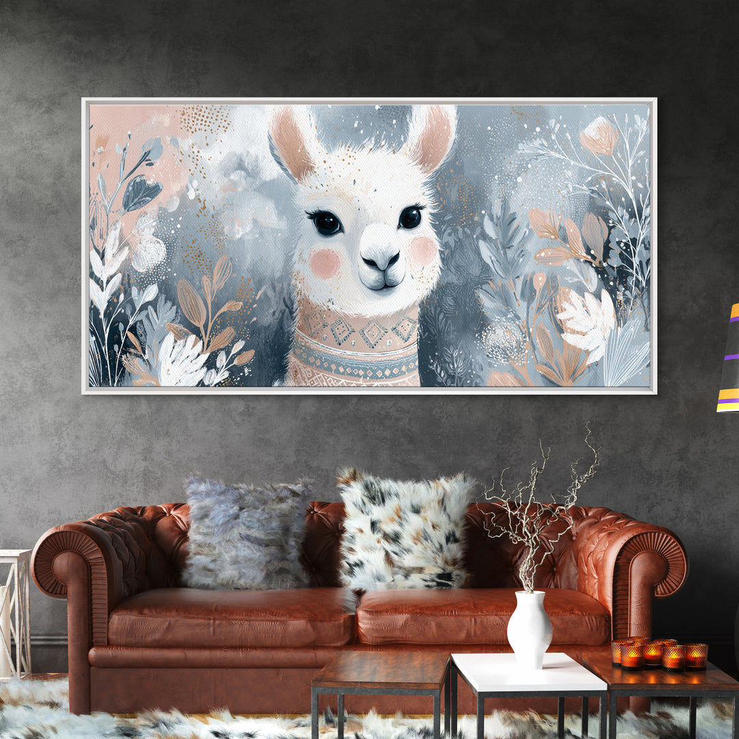 Cute Llama with Blanket Pattern Framed Canvas Print, Nursery Decor, Wall Decals, Abstract Art, Nursery, Girl Nursery Decor, NDE-2x1-65