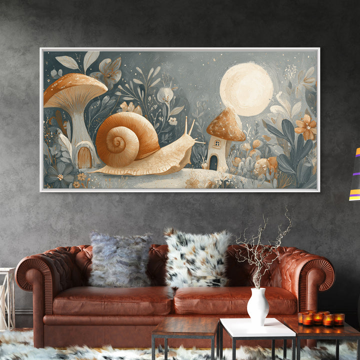 Garden Snail with Mushroom House Framed Canvas Print, Nursery Decor, Gallery Decor, Fine Art, Nursery, Wall Art, Home Decor, NDE-2x1-67