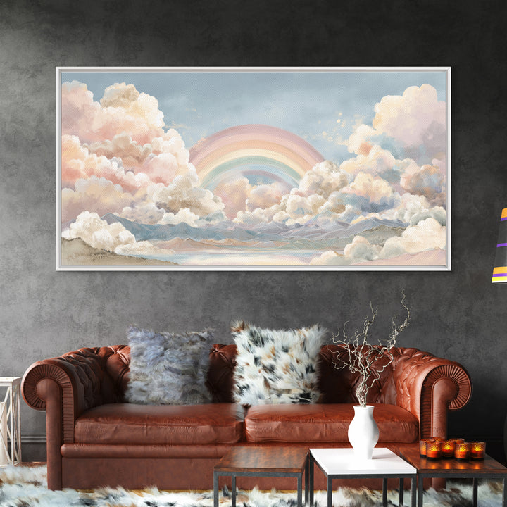 Pastel Rainbow with Soft Cloud Shapes Canvas Print, Nursery Decor, Floral Wall Art, Abstract Art, Nursery, Gallery Decor, NDE-2x1-69
