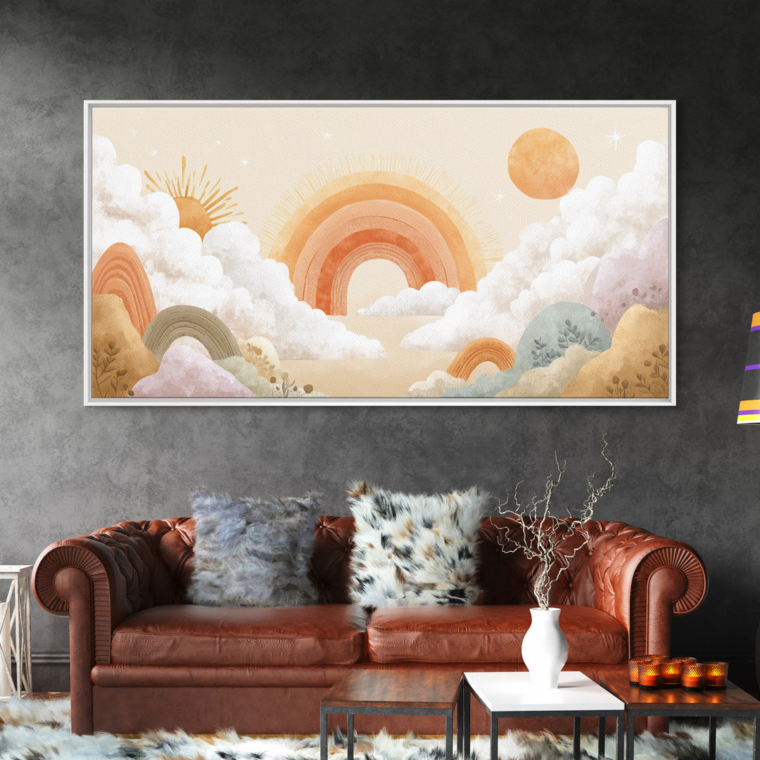 Neutral Boho Sun and Arch Shapes Framed Canvas Print, Nursery Decor, Canvas, Abstract Art, Nursery, Playroom Decor, NDE-2x1-7