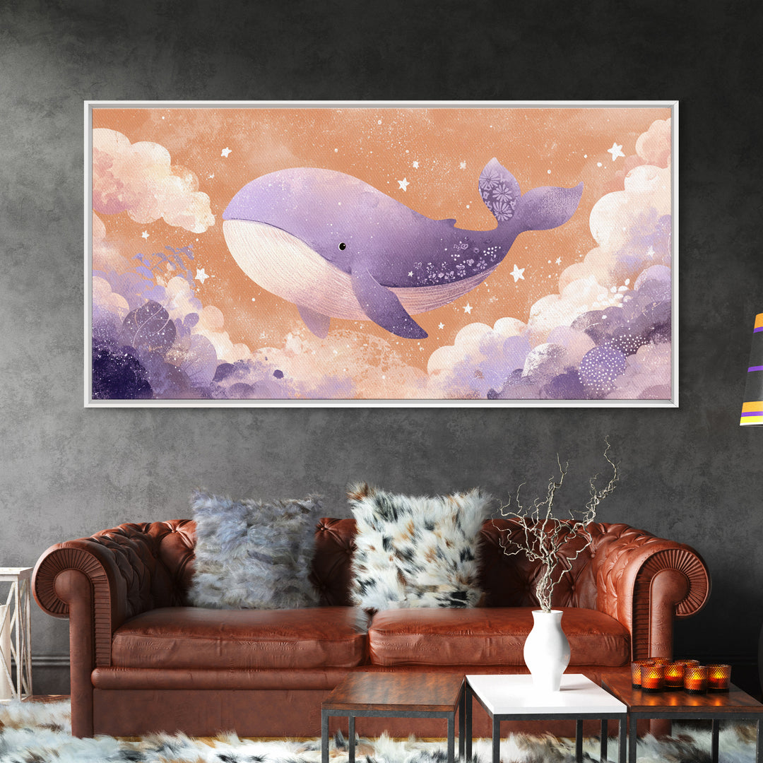 Baby Whale Swimming Through Stars Canvas Print, Nursery Decor, Nursery Prints, Fine Art, Nursery, Nursery Wall Decal, NDE-2x1-76