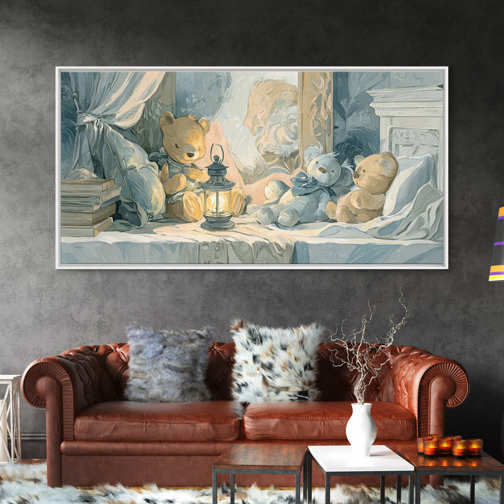 Storybook Bear with Little Lantern Canvas Print, Nursery Decor, Wall, Oil Painting, Nursery, Nursery Wall Decals, NDE-2x1-77