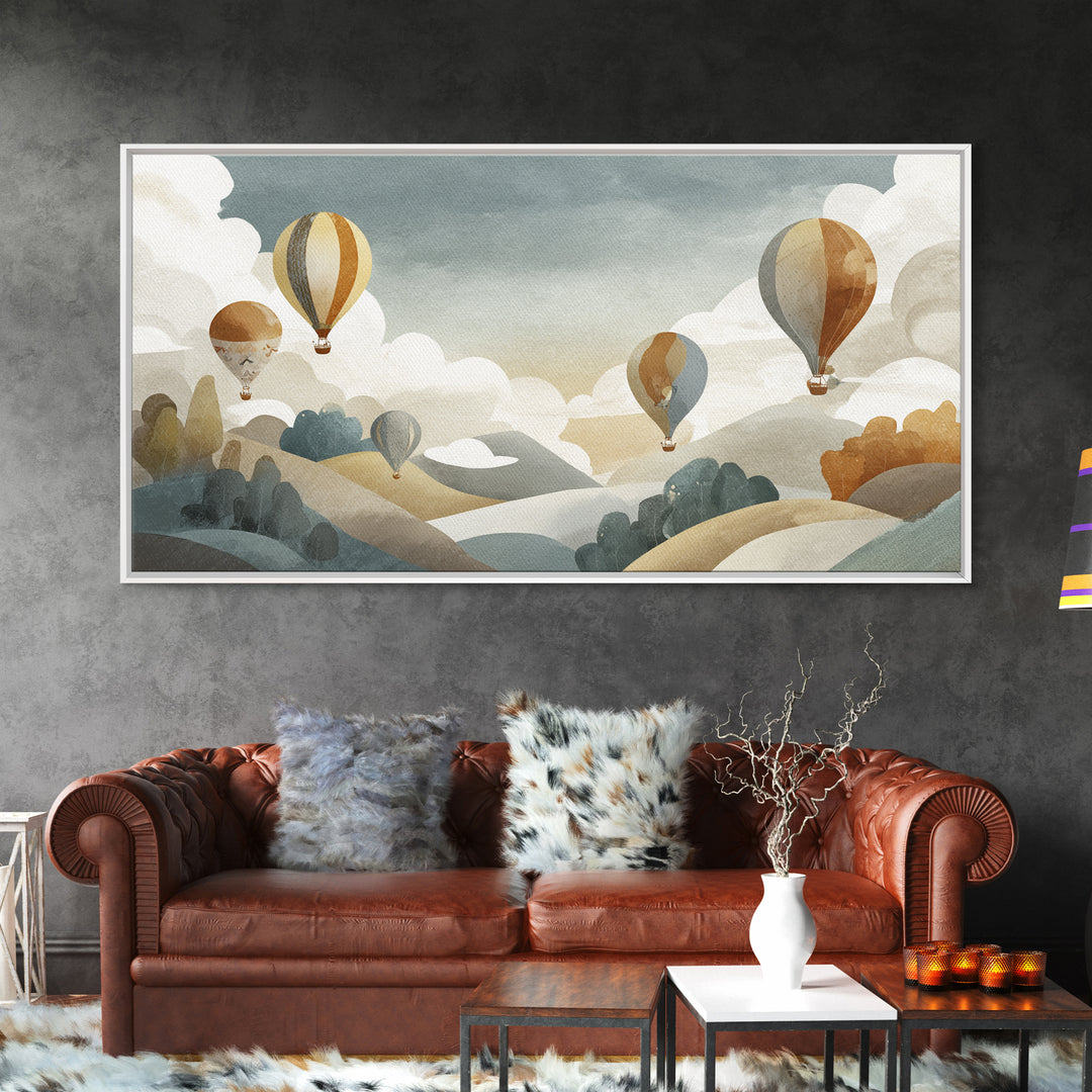 Hot Air Balloon Drifting Framed Canvas Print, Nursery Decor, Playroom Decor, Nursery, Boy Nursery Decor, Gallery Decor, NDE-2x1-80