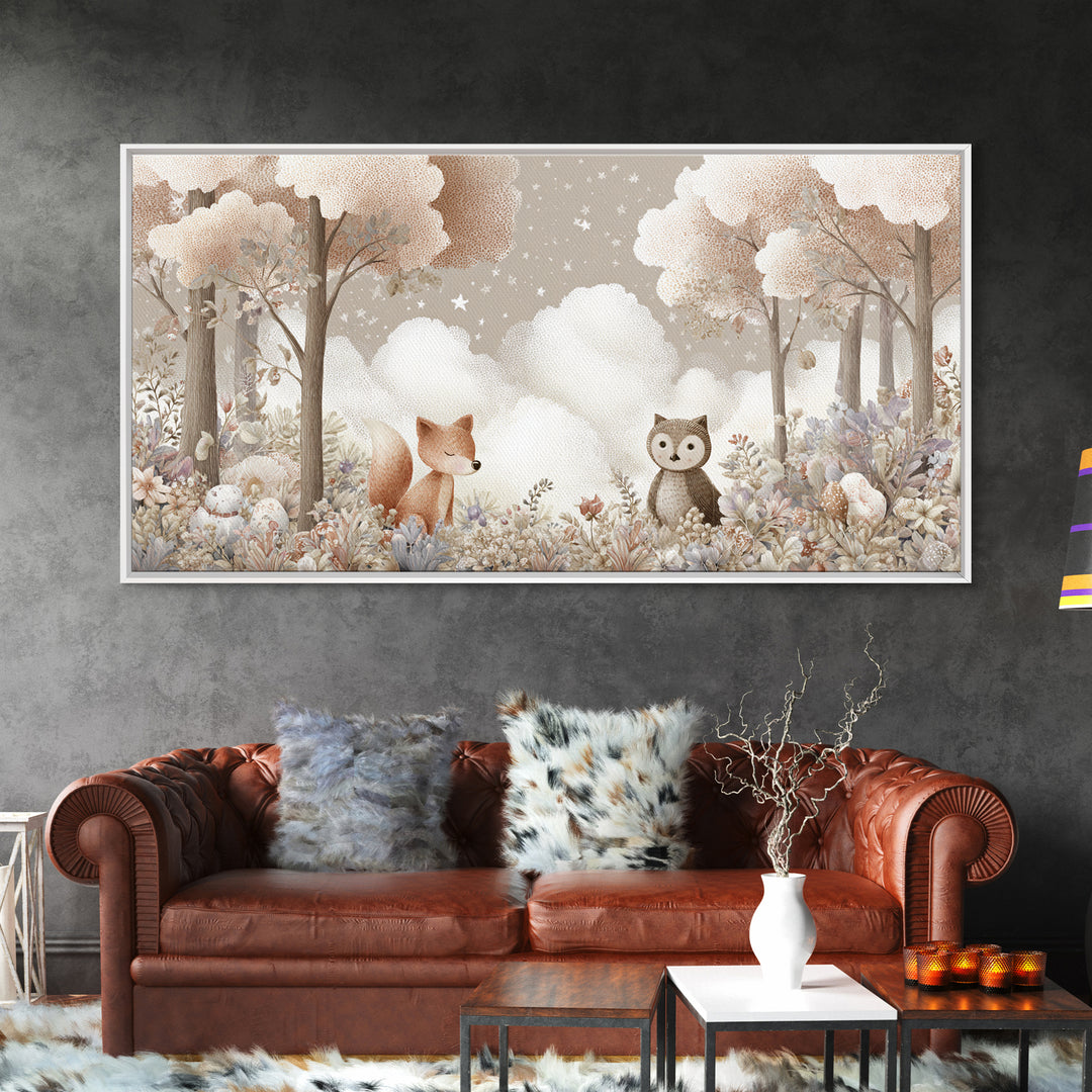 Fox and Owl Friends Canvas Print, Nursery Decor, Canvas, Fine Art, Nursery, Playroom Decor, Floral Wall Art, Botanical Wall Art, NDE-2x1-82