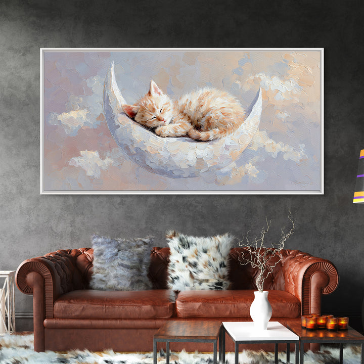 Sleeping Kitten on Crescent Moon Framed Canvas Print, Nursery Decor, Nursery Prints, Fine Art, Nursery, Nursery Wall Decal, NDE-2x1-85