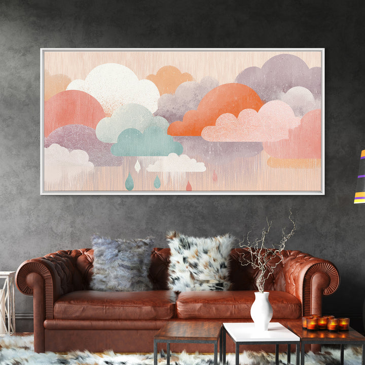 Cloud Rainbow and Raindrop Composition Framed Canvas Print, Nursery Decor, Nursery Art, Fine Art, Nursery, Kids Wall Art, NDE-2x1-88
