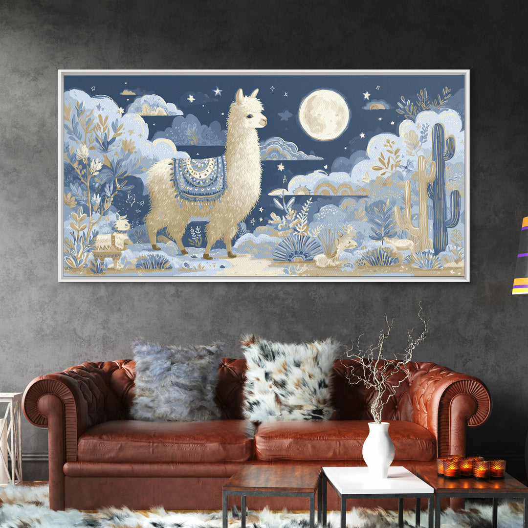 Cute Llama with Blanket Pattern Canvas Print, Nursery Decor, Playroom Decor, Nursery, Boy Nursery Decor, Gallery Decor, NDE-2x1-89