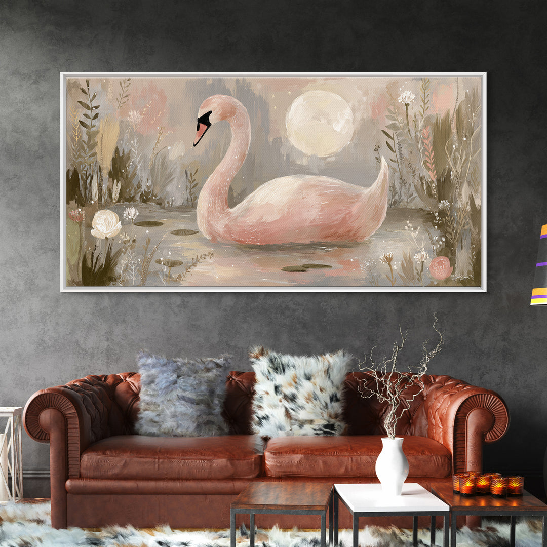 Pink Swan on Calm Pond Framed Canvas Print, Nursery Decor, Printable Wall Art, Nursery, Nursery Prints, Playroom Decor, NDE-2x1-9