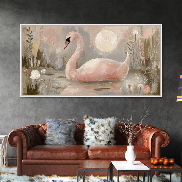 Pink Swan on Calm Pond Framed Canvas Print, Nursery Decor, Printable Wall Art, Nursery, Nursery Prints, Playroom Decor, NDE-2x1-9