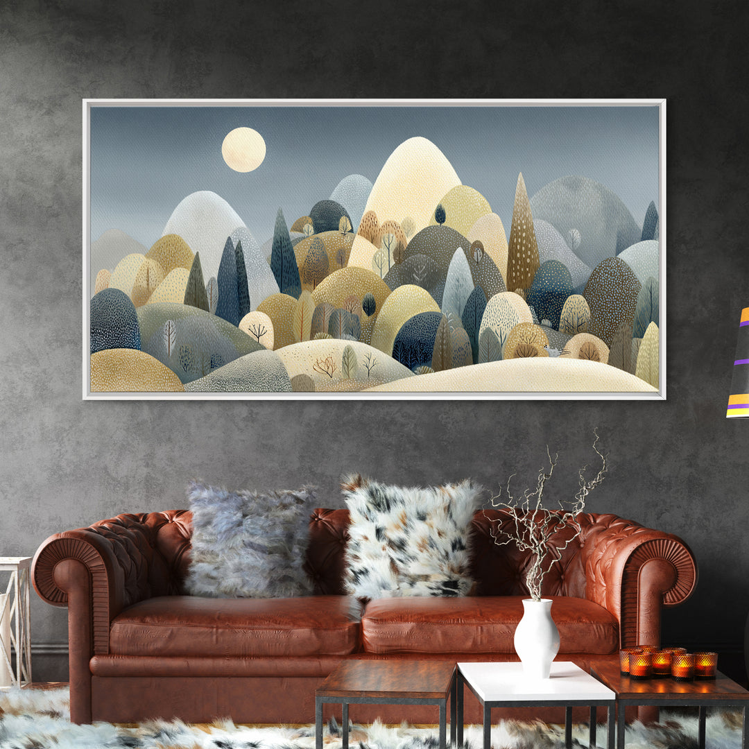 Calm Mountain Nursery Landscape Framed Canvas Print, Nursery Decor, Wall, Nursery, Nursery Wall Decals, Woodland Nursery, NDE-2x1-92