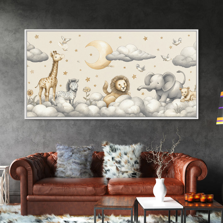Cute Safari Animals Framed Canvas Print, Nursery Decor, Floral Wallpaper, Oil Painting, Nursery, Fine Art Print, NDE-2x1-96