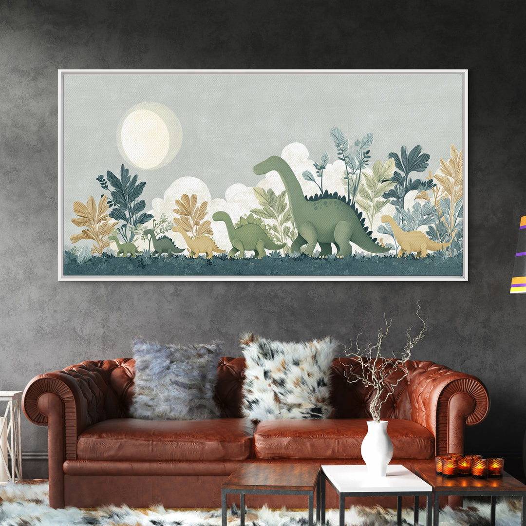 Gentle Dinosaur Family Framed Canvas Print, Nursery Decor, Floral Wall Art, Fine Art, Nursery, Gallery Decor, Neutral Decor, NDE-2x1-99