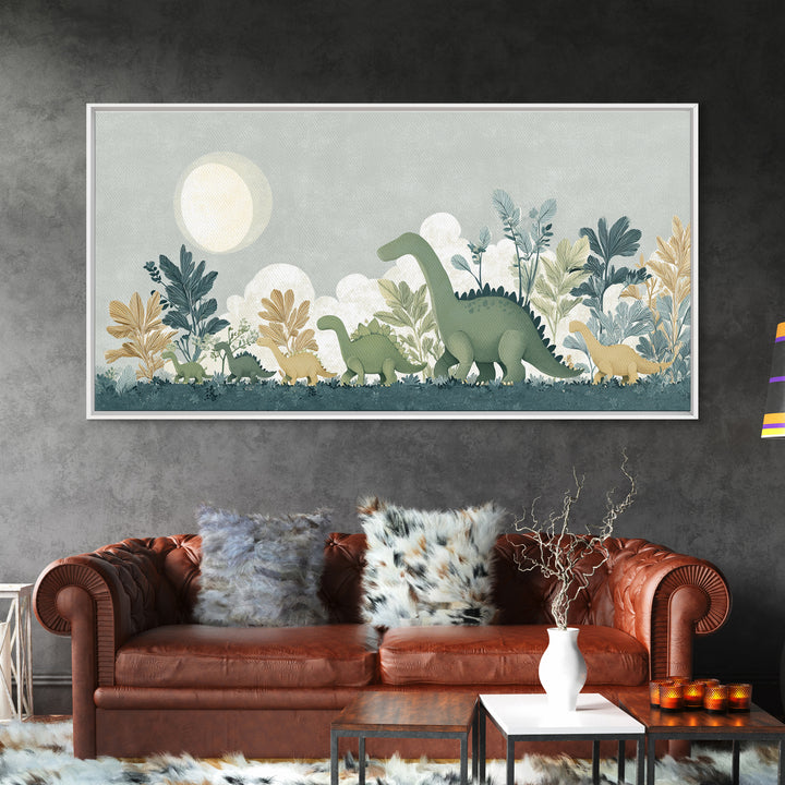 Gentle Dinosaur Family Framed Canvas Print, Nursery Decor, Floral Wall Art, Fine Art, Nursery, Gallery Decor, Neutral Decor, NDE-2x1-99
