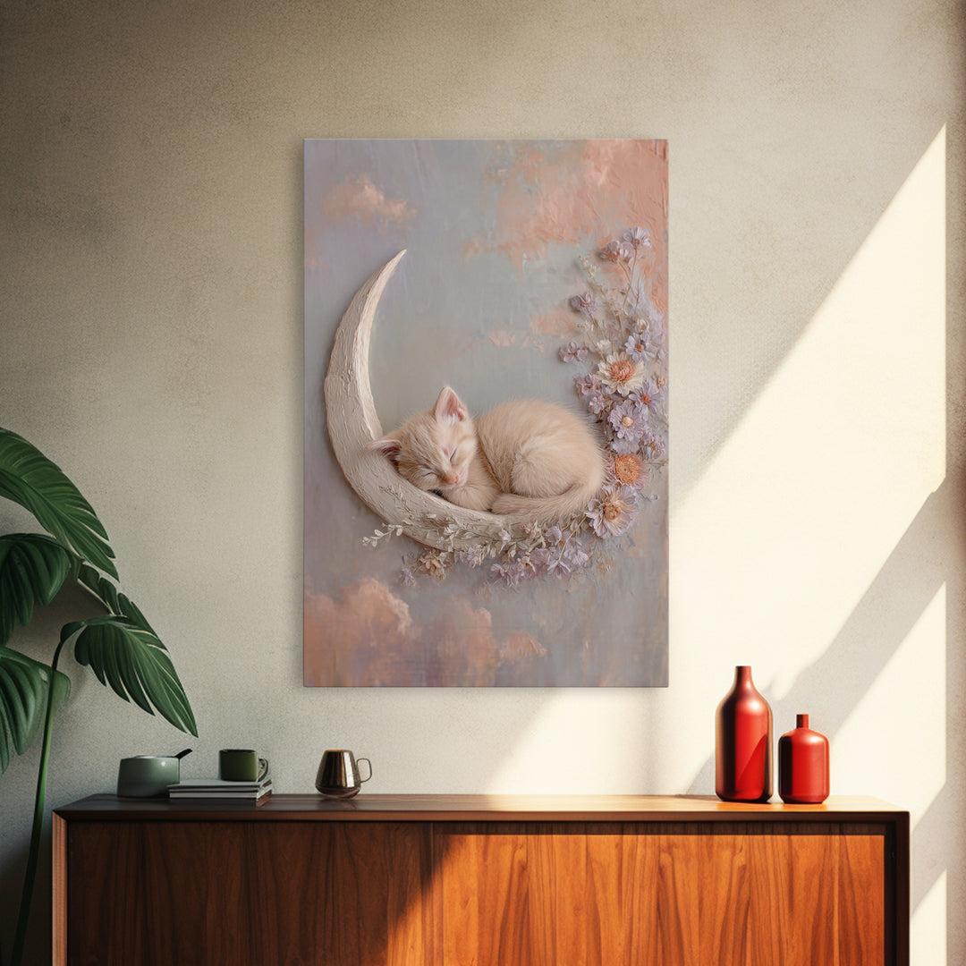 Sleeping Kitten on Crescent Moon Framed Canvas Print, Nursery Decor, Framed Wall Art, Fine Art, Nursery, Safari Nursery Decor, NDE-2x3-1