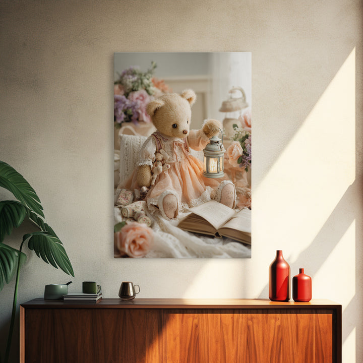 Storybook Bear with Little Lantern Framed Canvas Print, Nursery Decor, Wall Decals, Abstract Art, Nursery, Girl Nursery Decor, NDE-2x3-17