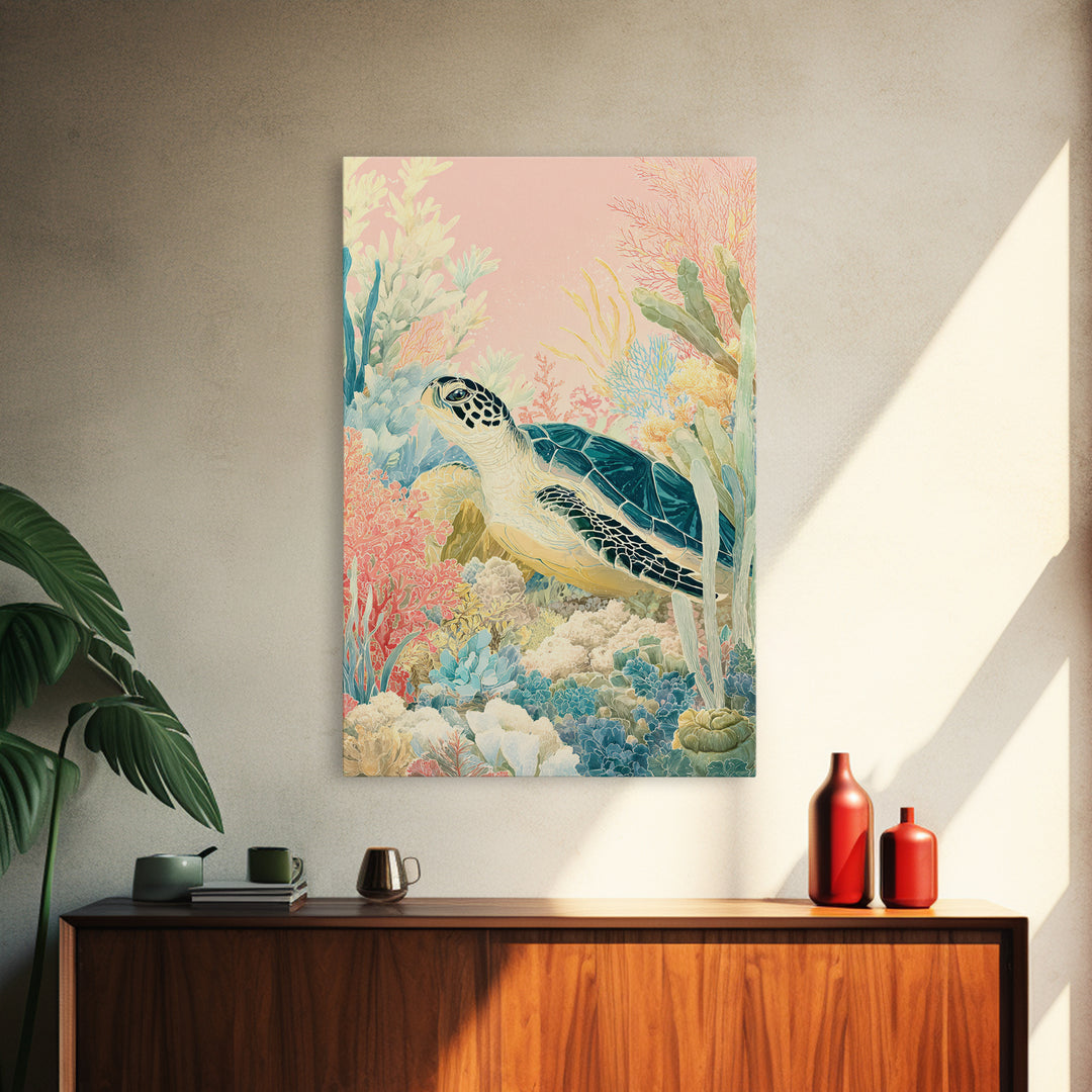 Tiny Turtle with Sea Plants Framed Canvas Print, Nursery Decor, Room Decor, Fine Art, Nursery, Framed Wall Art, Bedroom Decor, NDE-2x3-3
