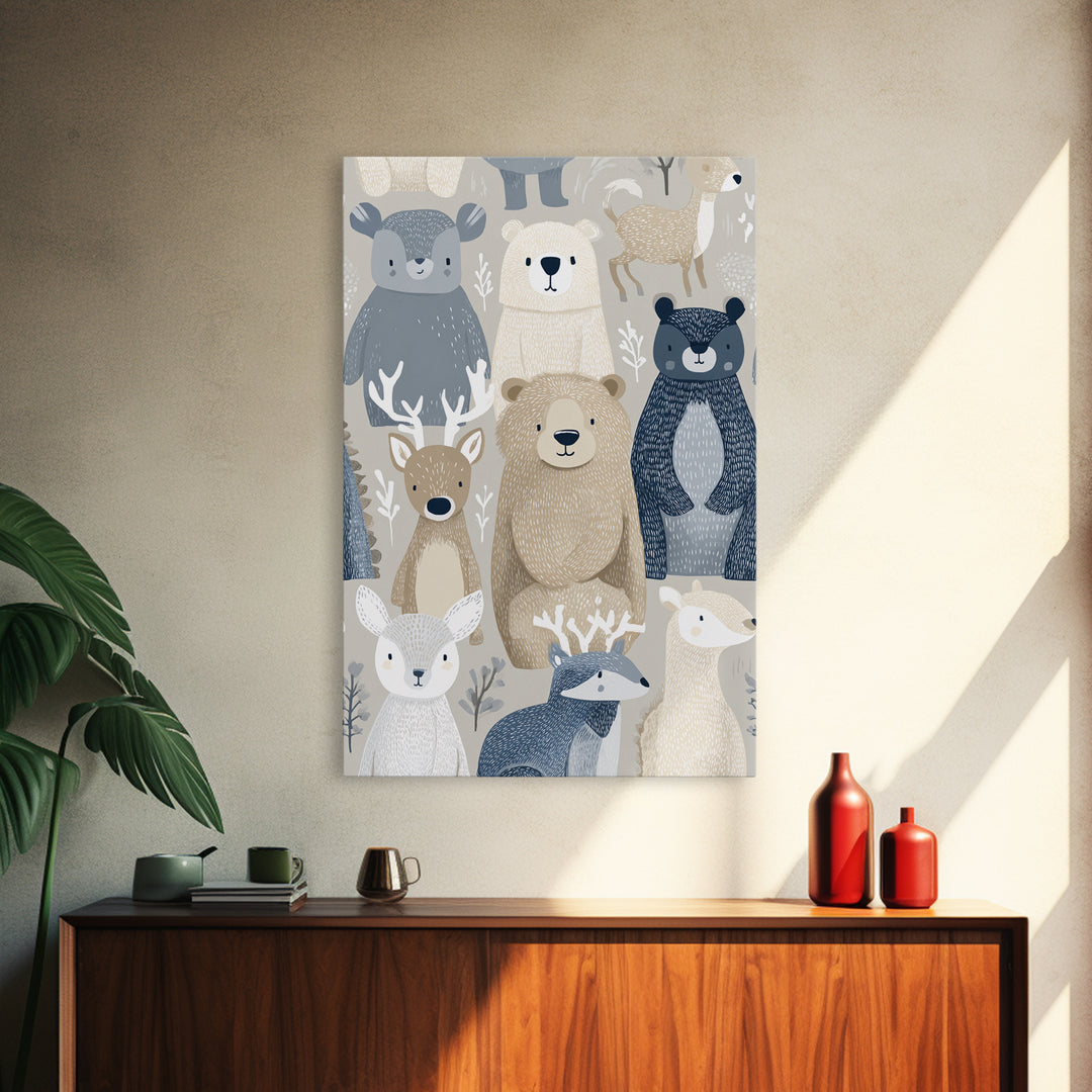 Woodland Animal Parade Framed Canvas Print, Nursery Decor, Canvas, Fine Art, Nursery, Playroom Decor, Floral Wall Art, NDE-2x3-34