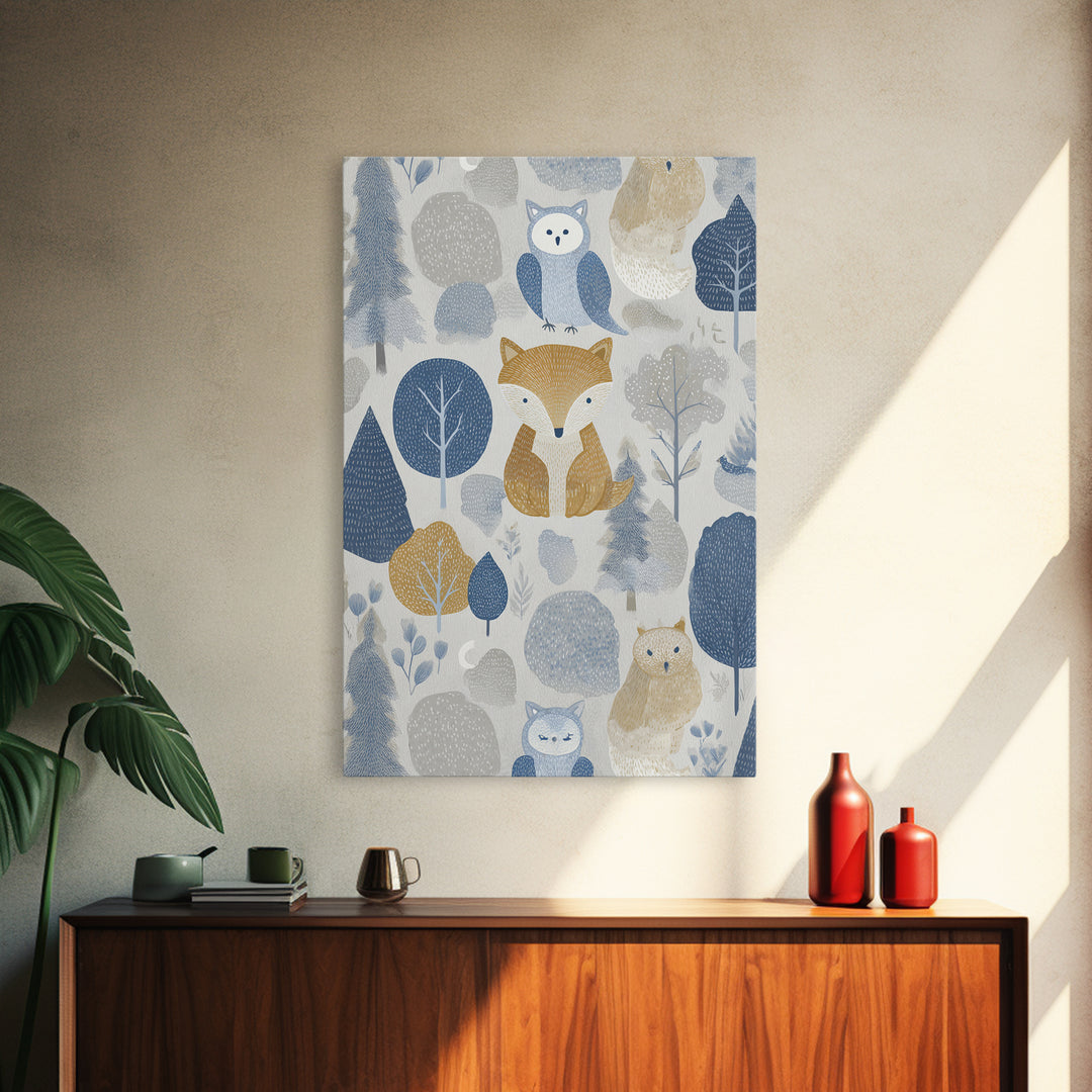 Fox and Owl Friends Framed Canvas Print, Nursery Decor, Wall Decor, Fine Art, Nursery, Woodland Nursery Decor, Nursery Prints, NDE-2x3-46