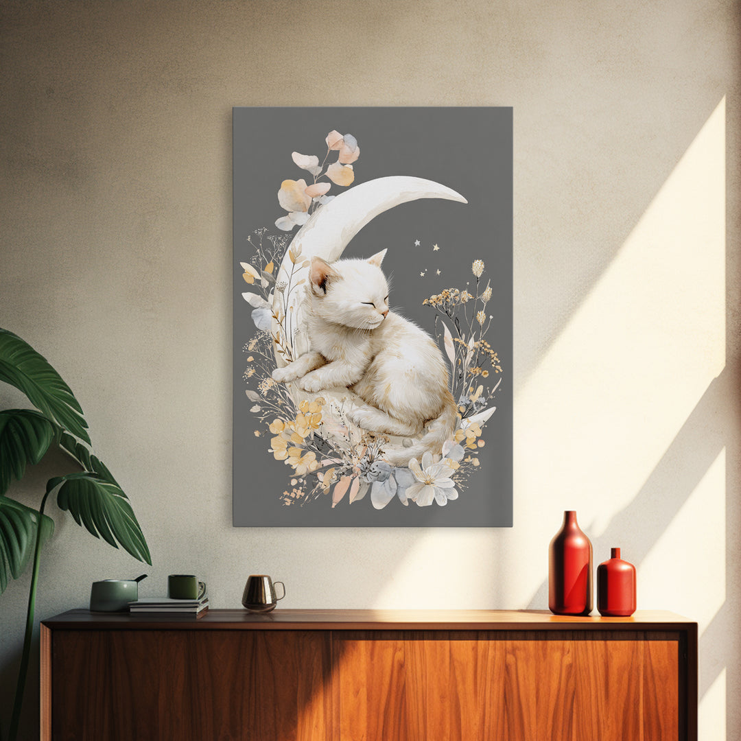 Sleeping Kitten on Crescent Moon Canvas Print, Nursery Decor, Nursery Art, Nursery, Kids Wall Art, Nursery Wall Decals, NDE-2x3-49