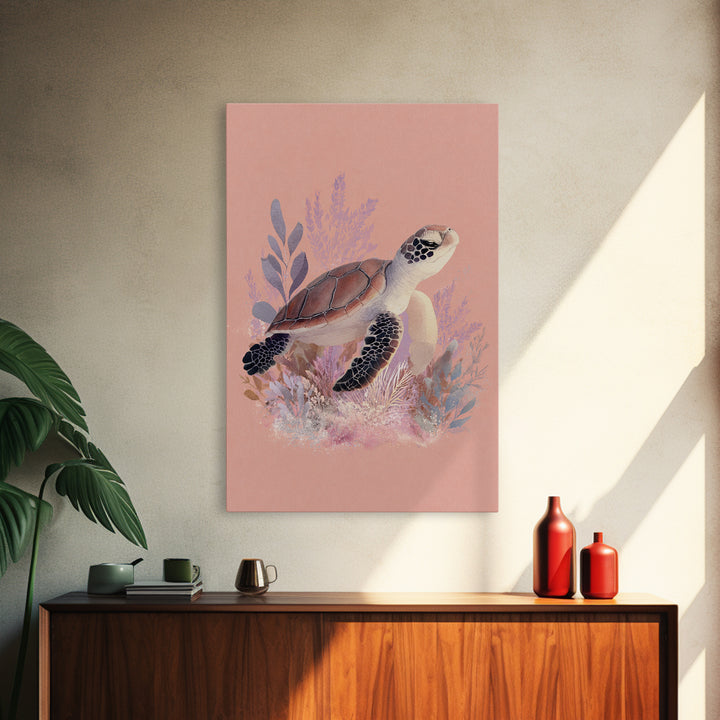 Tiny Turtle with Sea Plants Framed Canvas Print, Nursery Decor, Nursery Wall Art, Oil Painting, Nursery, Botanical Wall Art, NDE-2x3-51