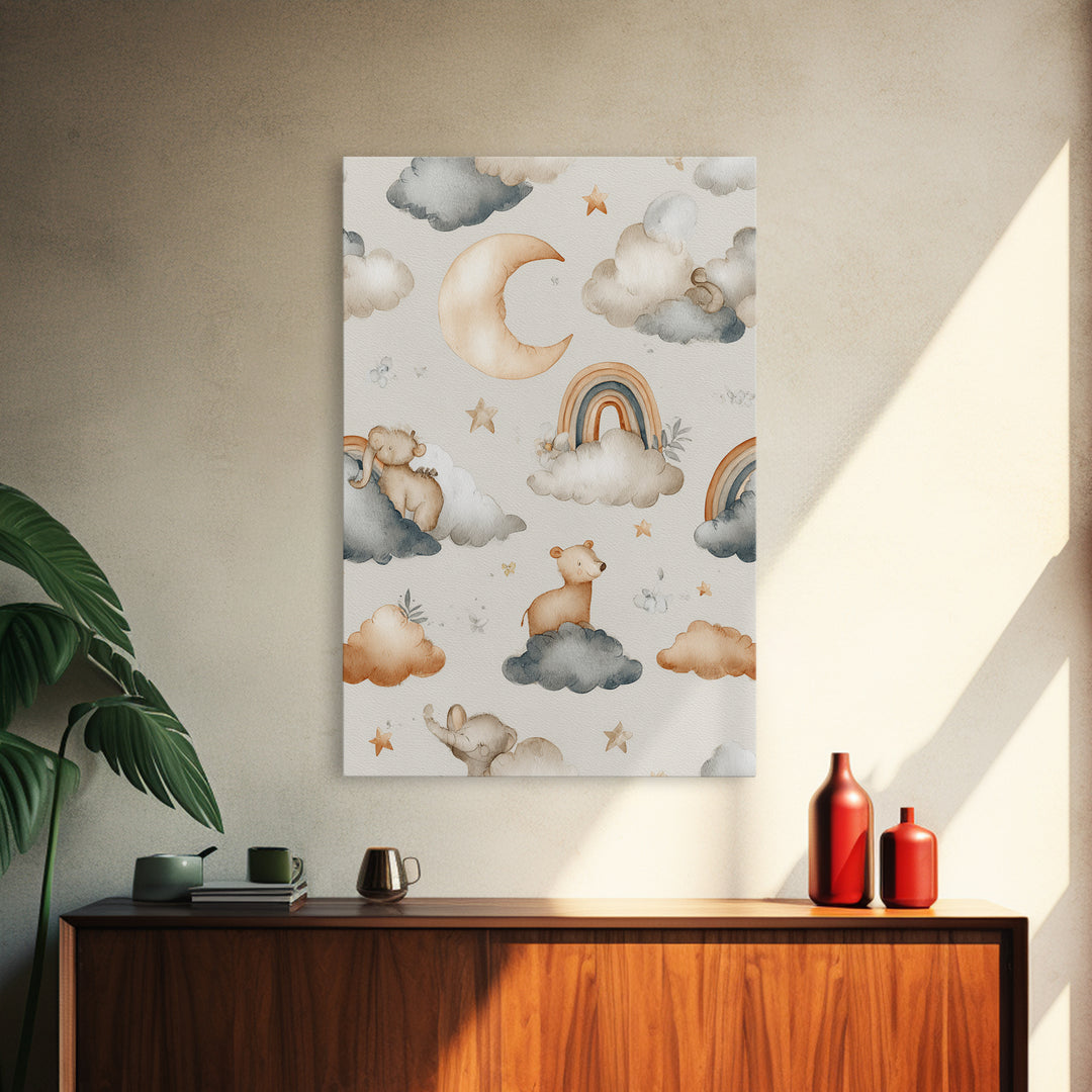 Cloud Rainbow and Raindrop Composition Framed Canvas Print, Nursery Decor, Wall Decor, Nursery, Woodland Nursery Decor, NDE-2x3-52