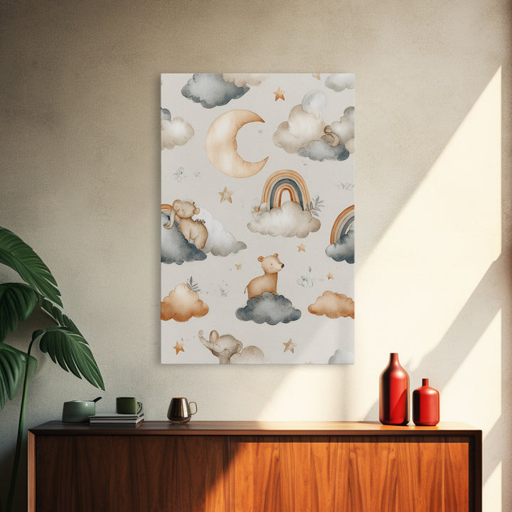 Cloud Rainbow and Raindrop Composition Framed Canvas Print, Nursery Decor, Wall Decor, Nursery, Woodland Nursery Decor, NDE-2x3-52