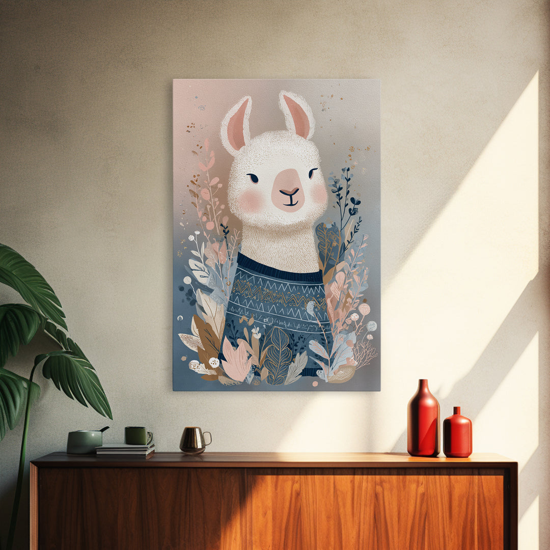Cute Llama with Blanket Pattern Framed Canvas Print, Nursery Decor, Wall, Oil Painting, Nursery, Nursery Wall Decals, NDE-2x3-53