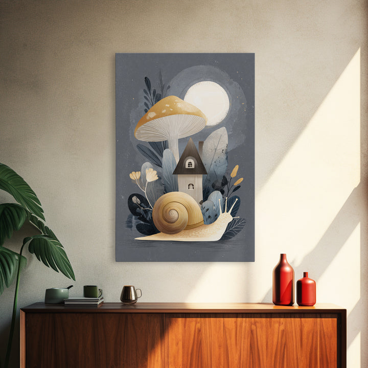 Garden Snail with Mushroom House Framed Canvas Print, Nursery Decor, Framed Wall Art, Oil Painting, Nursery, NDE-2x3-55