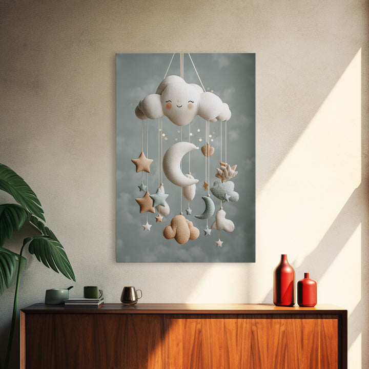 Moon Phase Mobile Framed Canvas Print, Nursery Decor, Wall, Oil Painting, Nursery, Nursery Wall Decals, Woodland Nursery, NDE-2x3-59