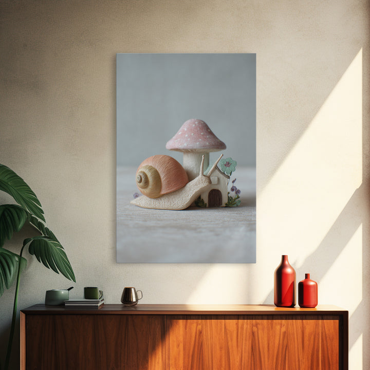 Garden Snail with Mushroom House Canvas Print, Nursery Decor, Fine Art Print, Watercolor Art, Nursery, Printable Wall Art, NDE-2x3-7