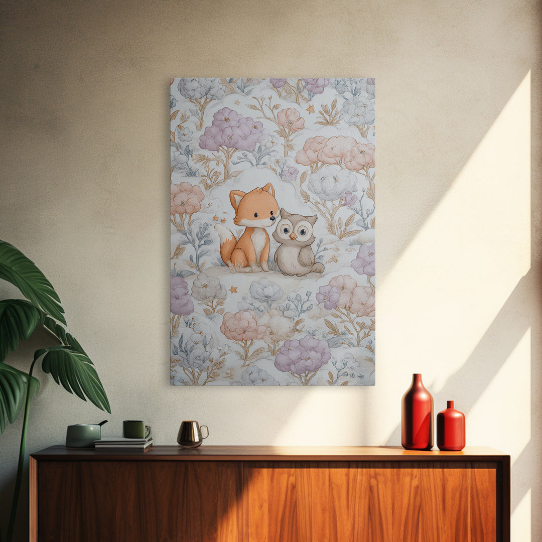 Fox and Owl Friends Canvas Print, Nursery Decor, Framed Wall Art, Oil Painting, Nursery, Safari Nursery Decor, Floral Wallpaper, NDE-2x3-70