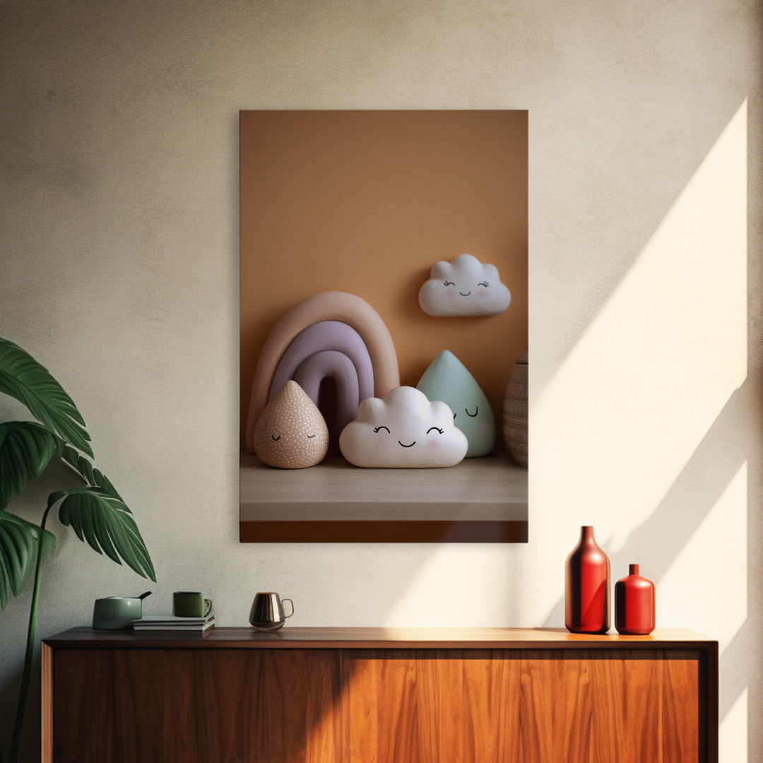 Cloud Rainbow and Raindrop Composition Framed Canvas Print, Nursery Decor, Nursery Name Sign, Fine Art, Nursery, Luxury Decor, NDE-2x3-76