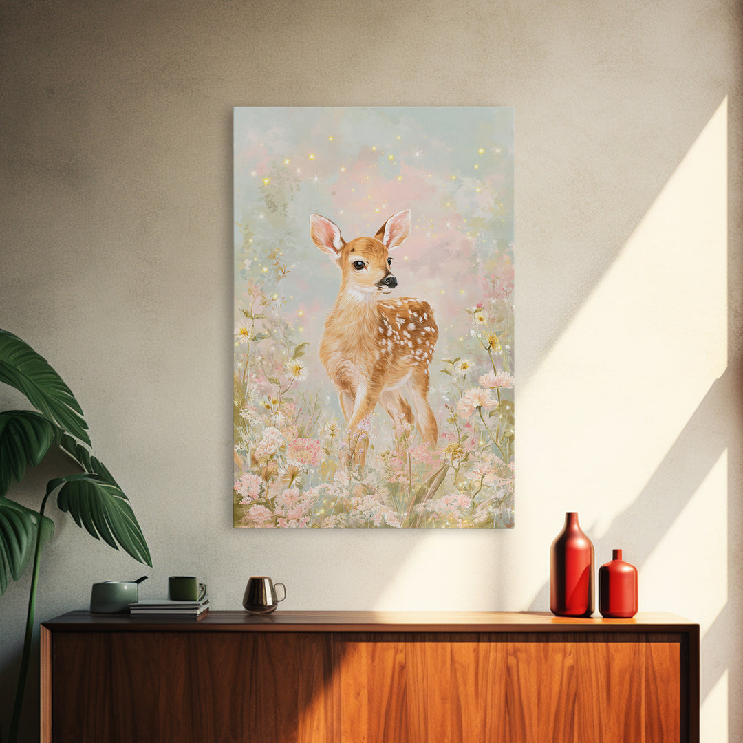 Baby Deer in Meadow with Fireflies Framed Canvas Print, Nursery Decor, Wall Decal, Nursery, Wall Light, Girl Nursery Decor, NDE-2x3-78