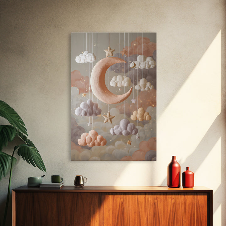 Moon Phase Mobile Framed Canvas Print, Nursery Decor, Kids Wall Art, Abstract Art, Nursery, Room Decor, Textured Painting, NDE-2x3-83
