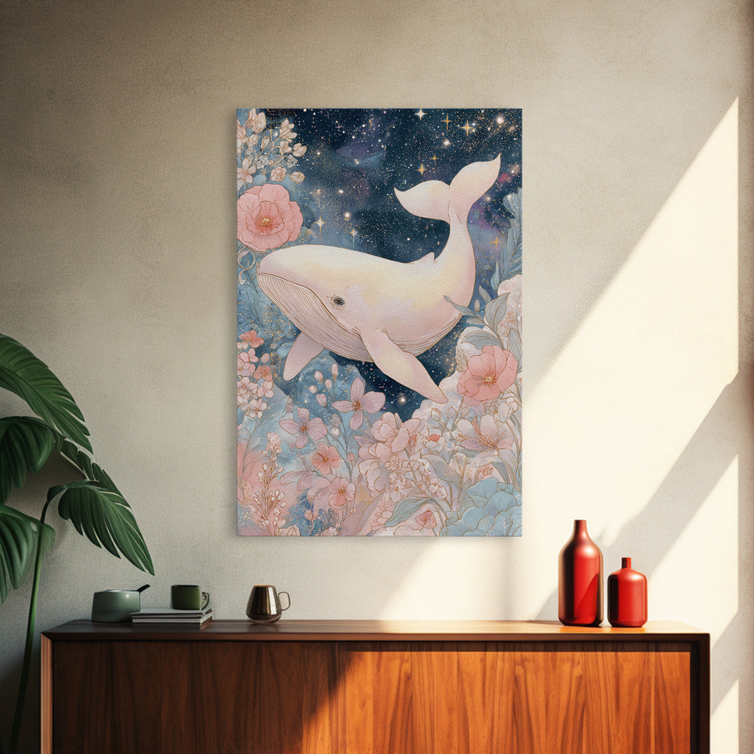 Baby Whale Swimming Through Stars Framed Canvas Print, Nursery Decor, Nursery Prints, Fine Art, Nursery, Nursery Wall Decal, NDE-2x3-88