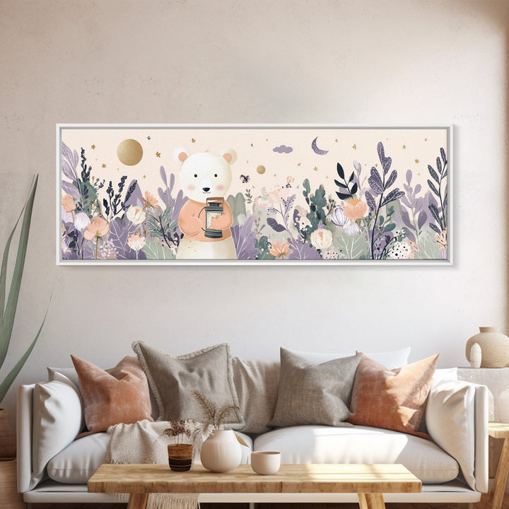 Storybook Bear with Little Lantern Framed Canvas Print, Nursery Decor, Safari Nursery Decor, Fine Art, Nursery, Modern Decor, NDE-3x1-1