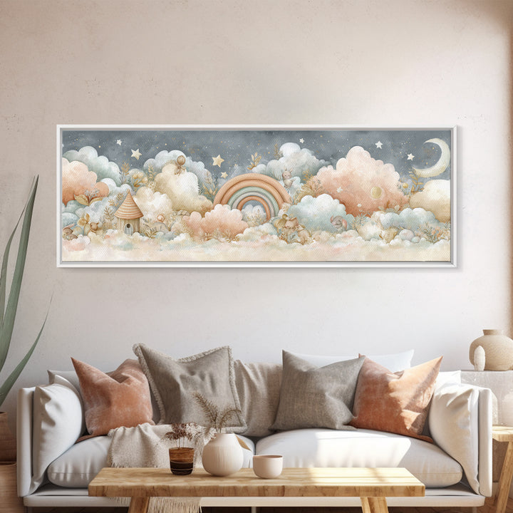 Cloud Rainbow and Raindrop Composition Framed Canvas Print, Nursery Decor, Nursery Name Sign, Fine Art, Nursery, Luxury Decor, NDE-3x1-12