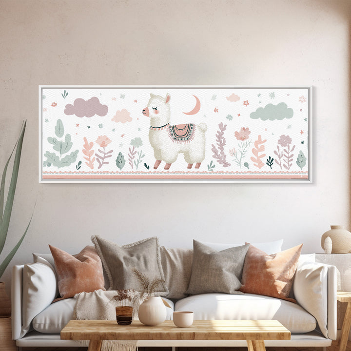 Cute Llama with Blanket Pattern Canvas Print, Nursery Decor, Playroom Decor, Nursery, Boy Nursery Decor, Gallery Decor, NDE-3x1-13